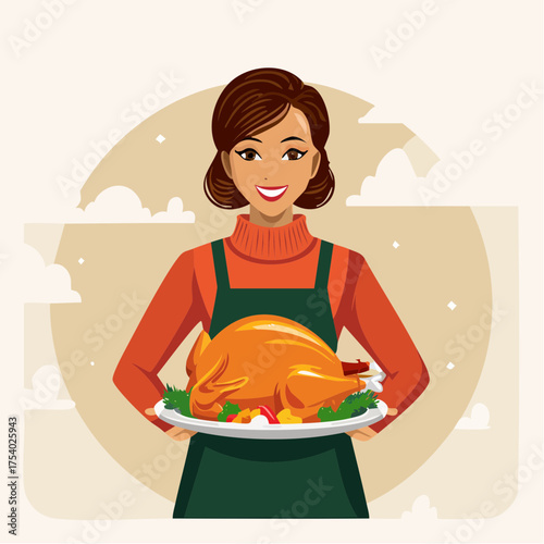 A cheerful woman in an apron holding a platter with a roasted turkey and vegetables, smiling warmly in a festive setting, perfect for Thanksgiving Feast celebrations.