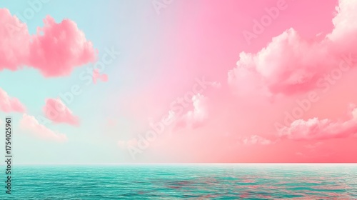 Expansive sea meeting horizon under vividly colored sky with soft blue transitioning to pink hues,