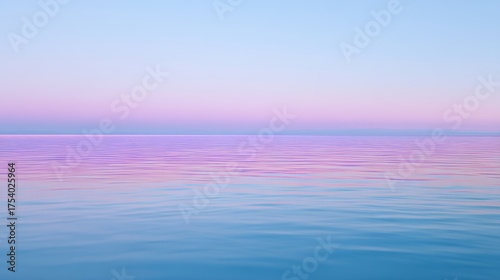 Serene seascape at sunrise or sunset with a colorful sky gradient transitioning from pink to blue,