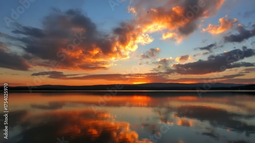 A stunning sunset over a serene lake with vibrant colors reflected in the calm water, surrounded by peaceful nature.