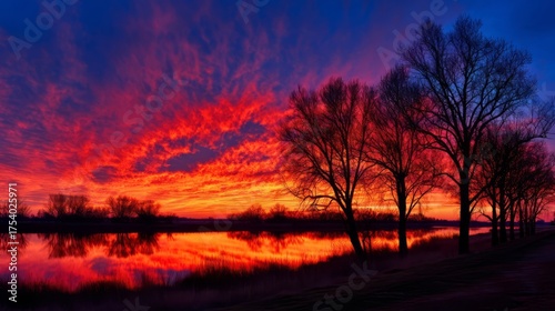 Stunning sunset or sunrise over calm water with vibrant red and orange hues blending into dark blue tones,