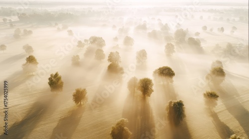 Aerial view of a serene rural landscape with rolling green fields, scattered trees, winding dirt roads,
