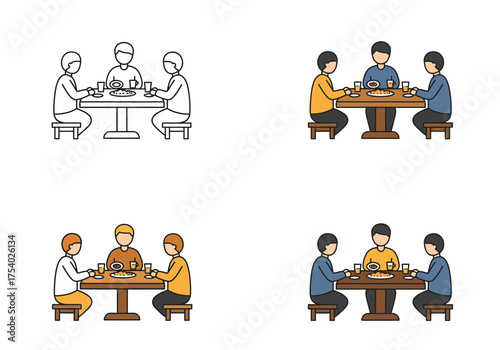 Four variations of simple illustrations depicting three friends or colleagues enjoying a meal together at a table with food and drinks.