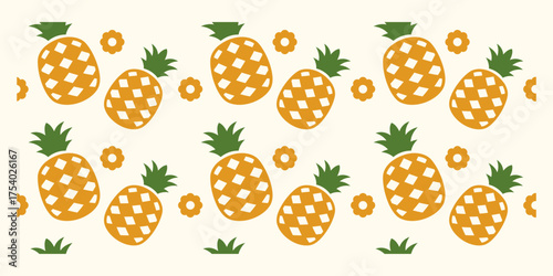 Playful flat colored pineapple seamless pattern with clean tropical elements, ideal for summer, vacation, and fruity design projects.