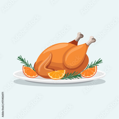 A roasted turkey on a white plate with rosemary and orange slices, representing a traditional Thanksgiving Feast with warm colors.