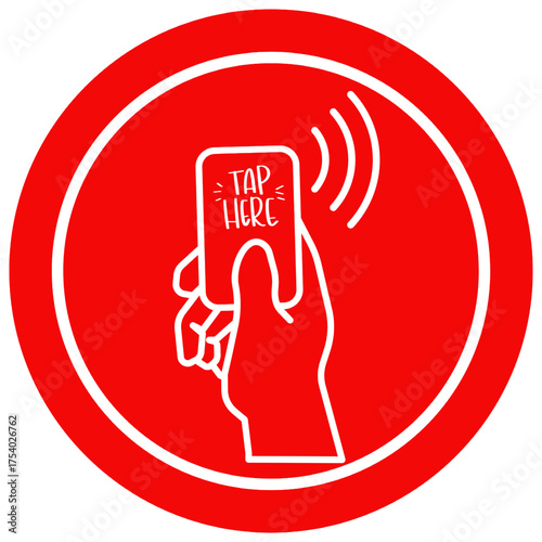 Vector illustration of a hand holding a contactless card with “Tap Here” text and wireless signal inside a blue circular badge on transparent ideal for mobile payment, NFC, access, POS signage.