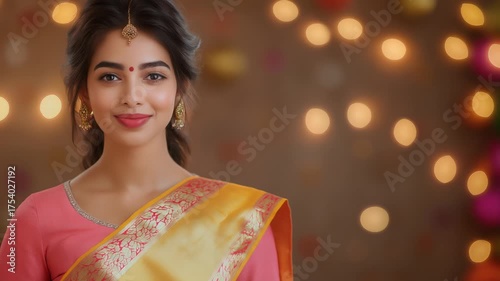 A radiant young woman in traditional Indian attire offers a warm Namaste greeting against backdrop of twinkling Diwali lights, symbolizing grace, cultural heritage, and the joy of festive celebration.
