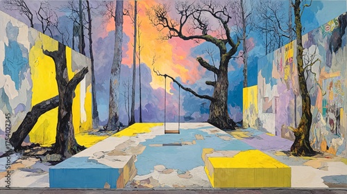 Surreal Landscape with Trees and Vibrant Sky at Dusk