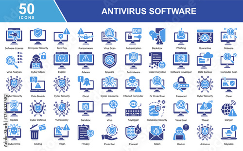 A collection of Antivirus Software-themed icons covering various elements such as Software License, Computer Security, Virus Scan, Firewall, Malware, Ransomware, Phishing, Authentication, Data Encrypt