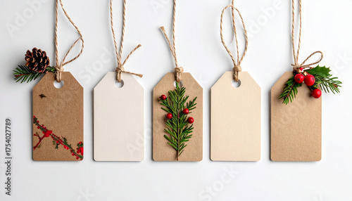 Festive Gift Tags with Natural Decorations for Holiday Season.