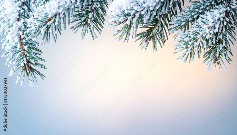 Obraz premium Snowy Pine Branches Against a Softly Lit Background.