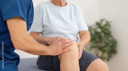 An elderly person receiving physical therapy for knee pain. Kinesiology. A physical therapist is doing gentle applying for relief from joint pain