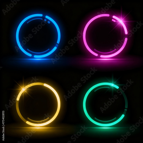 Four glowing neon circles in blue, pink, yellow, and green are arranged on a dark background with light reflections.