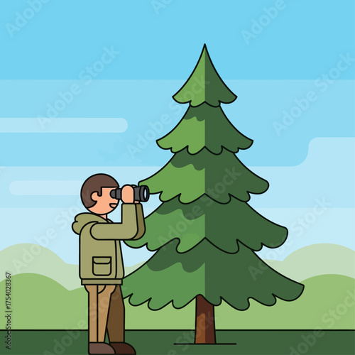 A cartoon man stands by a large evergreen tree, observing the landscape with a pair of binoculars.