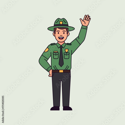 A friendly cartoon park ranger in a green uniform waving hello.