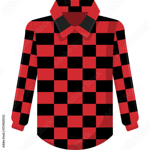 Red And Black Checkered Long Sleeved Shirt With Collar And Button Front Flat Illustration Transparent Background