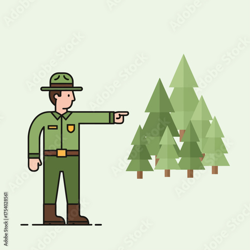 A park ranger in uniform pointing towards a group of evergreen trees.