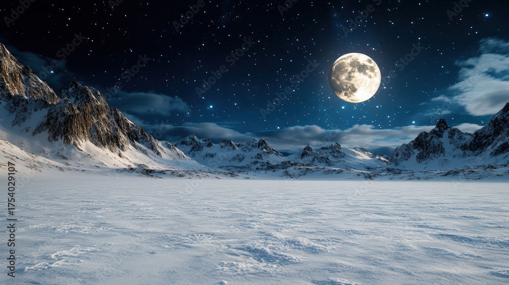 Naklejka premium Serene snowy landscape under glowing full moon, surrounded by majestic mountains