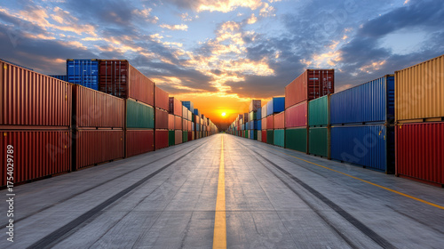 Wallpaper Mural Colorful shipping containers lined up in container yard at sunset, creating vibrant scene Torontodigital.ca