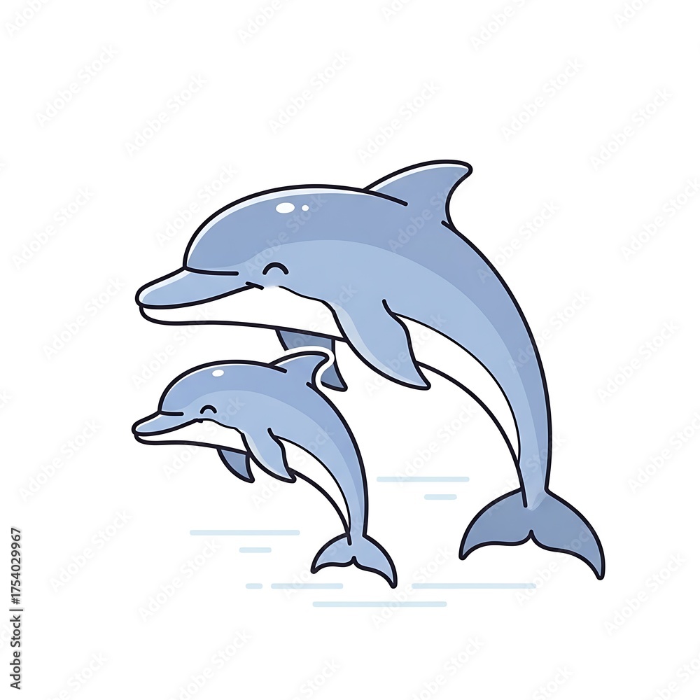 Obraz premium Adorable Dolphin Duo: A Heartwarming Cartoon Illustration of Mother and Baby.