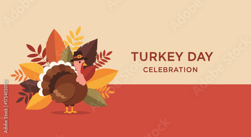 Festive Thanksgiving greeting card or web banner with a turkey bird in a pilgrim hat and autumn leaves on a two-tone background