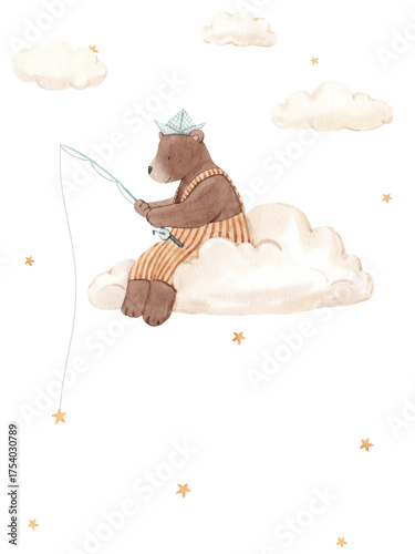 Bild auf Leinwand Watercolor illustration of a cute bear fishing stars while sitting on a fluffy cloud