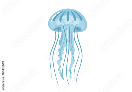 Cartoon Jellyfish with Long Tentacles in Light Blue Color.