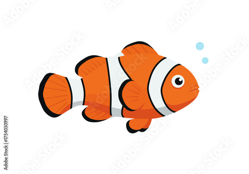 Cartoon Clownfish with Orange and White Stripes Swimming.
