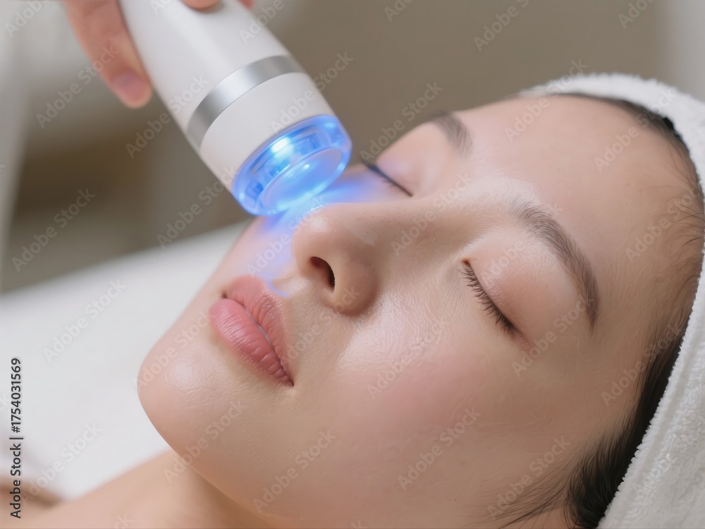 Naklejka premium Woman receiving facial treatment with a handheld device emitting blue light