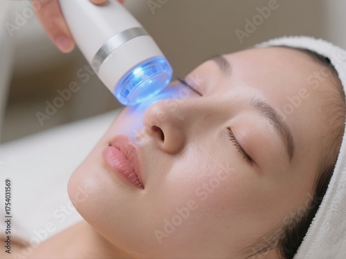 Woman receiving facial treatment with a handheld device emitting blue light