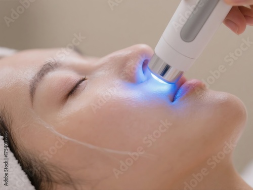 Person receiving facial treatment with a handheld device emitting blue light