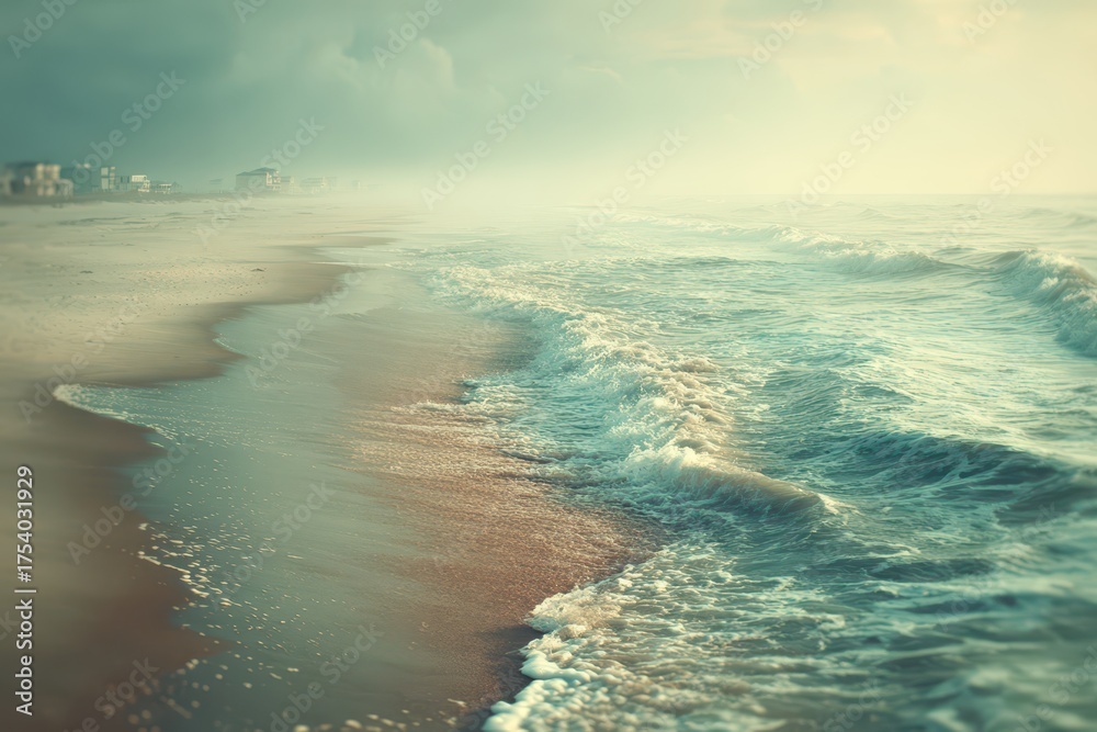 Fototapeta premium Tranquil morning on a hazy beach with gentle waves and distant coastal houses.