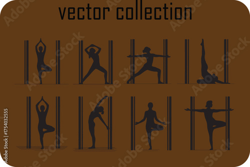 Silhouette vector collection of diverse yoga poses and figures demonstrating flexibility and strength in a stylized artistic presentation