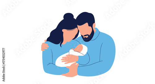 A loving couple embracing their newborn child in a tender moment of family bonding.