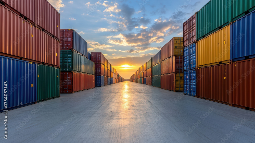 Fototapeta premium Colorful shipping containers lined up in container yard at sunset, creating vibrant scene