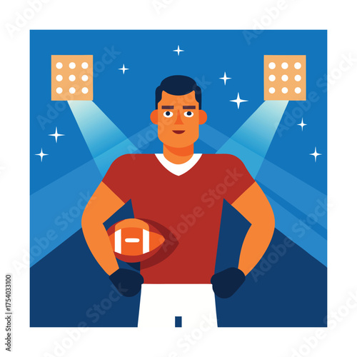 American football player holding a football under stadium lights