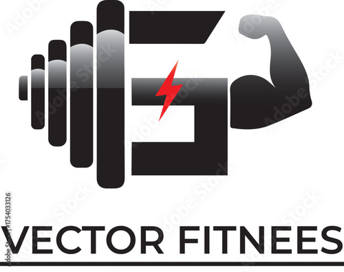 Modern fitness logo vector with barbell, dumbbell plates, flexing arm, and red lightning bolt.
Ideal for gyms, bodybuilding clubs, personal trainers, and fitness centers.