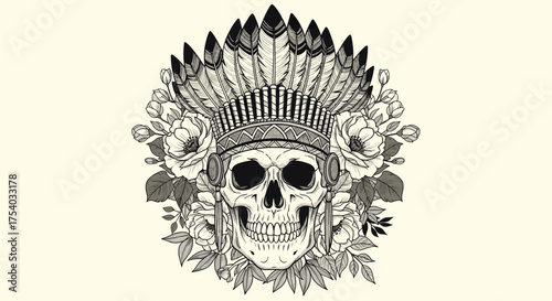 A detailed skull adorned with a crown and feathers surrounded by roses.