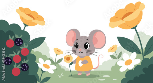 A cute little mouse explores a beautiful garden filled with colorful flowers and berries.