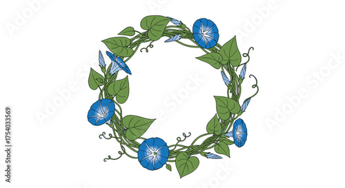 A beautiful circular arrangement of blue morning glory flowers and green leaves forming a natural wreath.