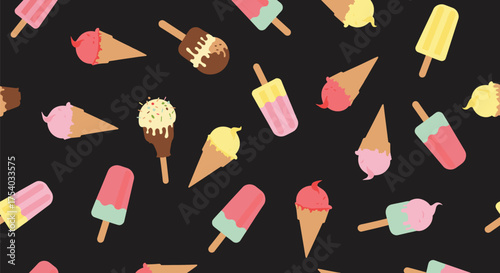 A vibrant collection of various frozen desserts on a black background.