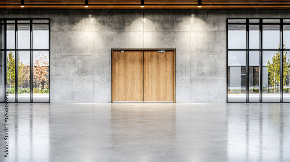 Fototapeta premium Modern entrance with wooden doors and concrete walls, showcasing spacious and bright interior
