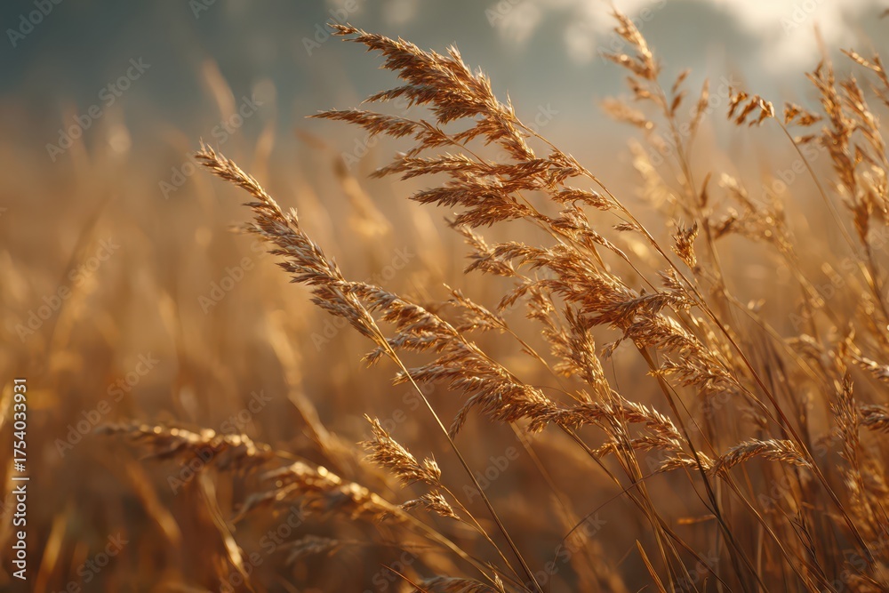 Fototapeta premium Beautiful golden grasses gently swaying in the warm, soft light of a sunset.