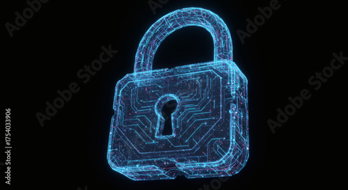 Holographic padlock icon symbolizing digital security and encrypted data protection on a dark background