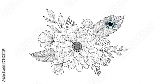 An artistic illustration of a turtle made of flowers and leaves with a tiny eye.