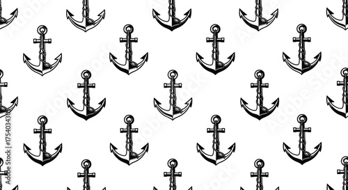 Repeating pattern of hand drawn anchors on a white background creating a nautical theme.