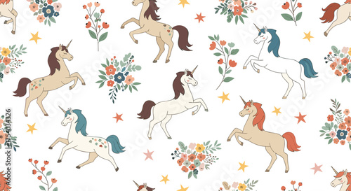 A charming collection of whimsical unicorns prancing amongst a delicate scattering of wildflowers and small stars.