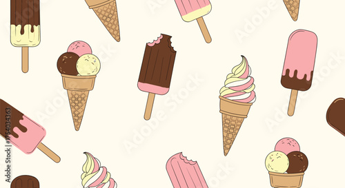 A delightful assortment of frozen treats including ice cream cones and popsicles.