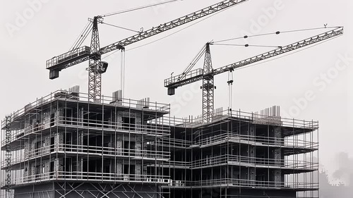 Dramatic black and white timelapse of construction site with towering cranes and building progress