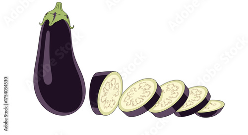 A whole eggplant next to several sliced pieces of eggplant.